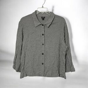 Eileen Fisher Top Womens Large Gingham Gabardine Button Up Rockabilly Linen USA